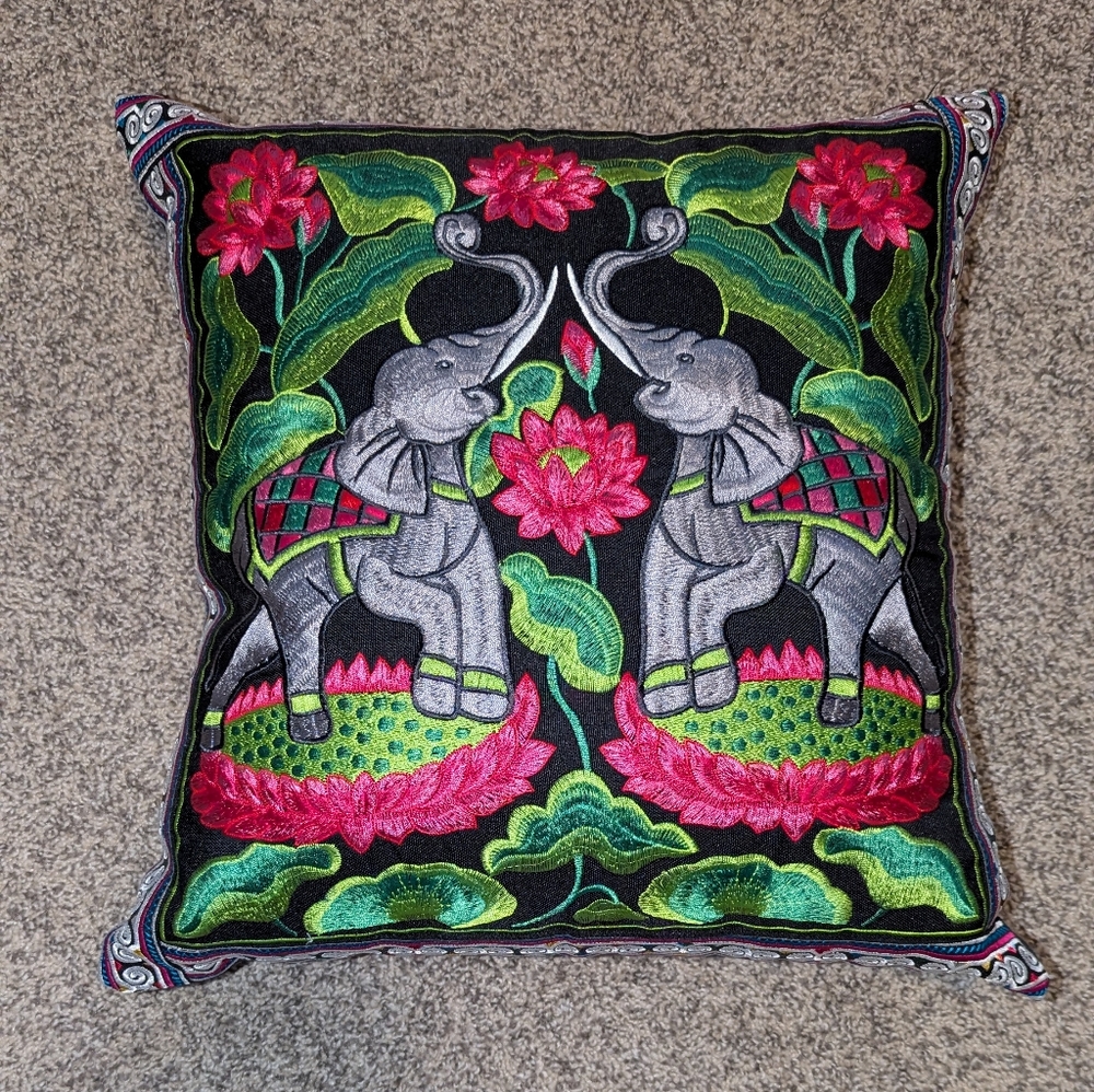 Colorful Elephant Embroidered Pillow